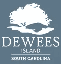 A blue and white logo for dewees island.