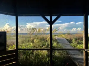 A view of the ocean from inside a screened in porch.