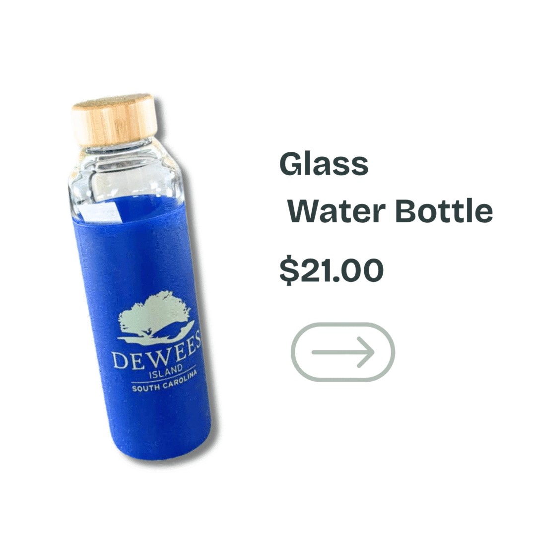 Glass water bottle with blue sleeve, bamboo lid