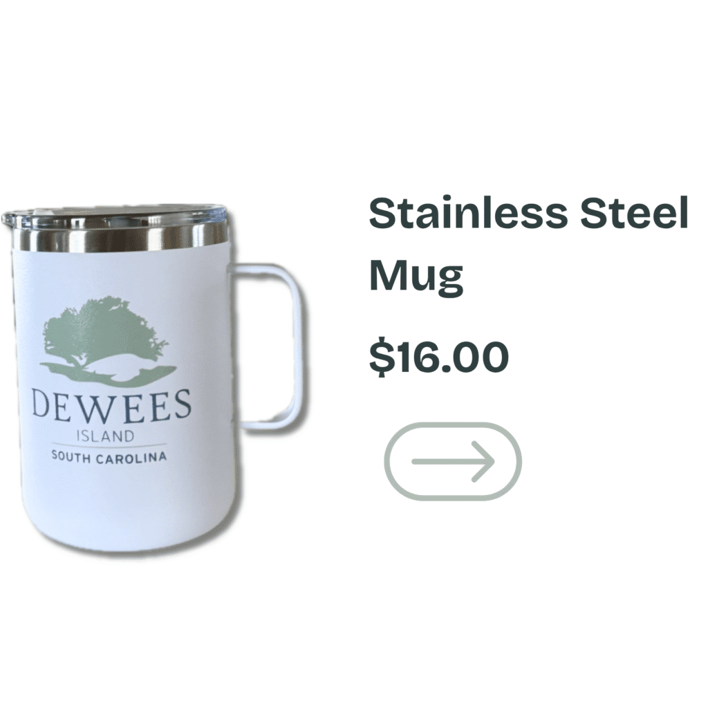White stainless steel mug with Dewees Island logo