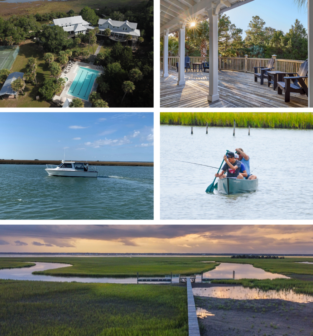 Coastal marsh resort with boats and dock