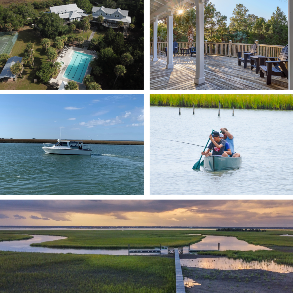 Coastal marsh resort with boats and dock